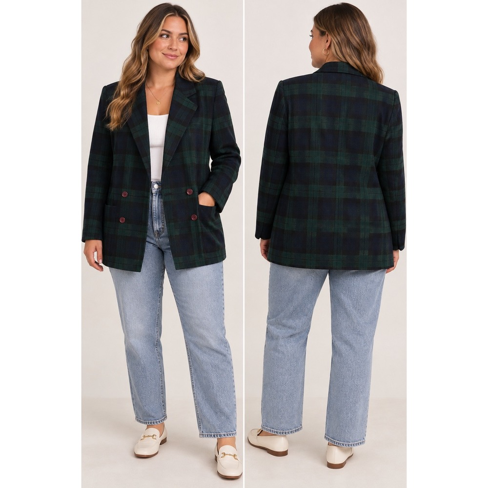 Gant Green Blue Plaid Wool Blend Blazer Vintage Preppy Acadamia Womens Large